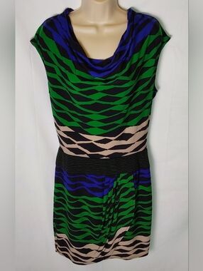 BCBGMaxAzria Green, Blue & Beige Striped Cowl-Neck Midi Dress